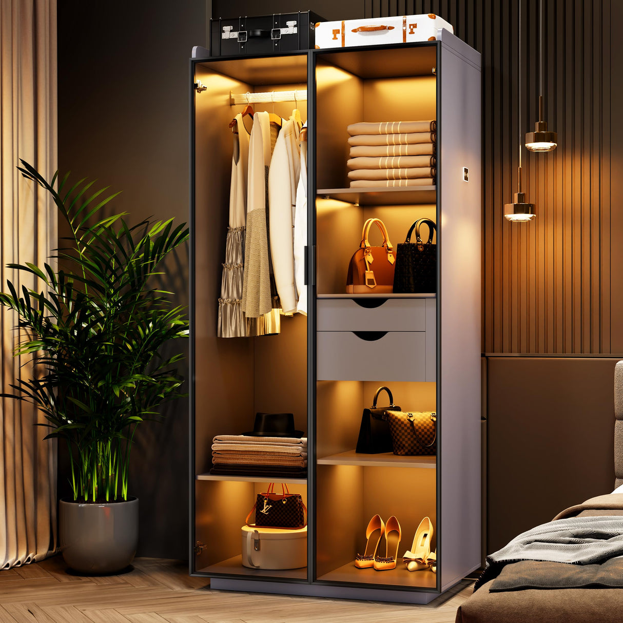Wardrobe-Storage Cabinet With Human Sensor Design - Side Cabinet with LED Lighting - Organizer Armoire have 2 Drawers&6 Shelfs - Wardrobe With 2 Acrylic Door - Closet for Bedroom Furniture-Grey FREDEES