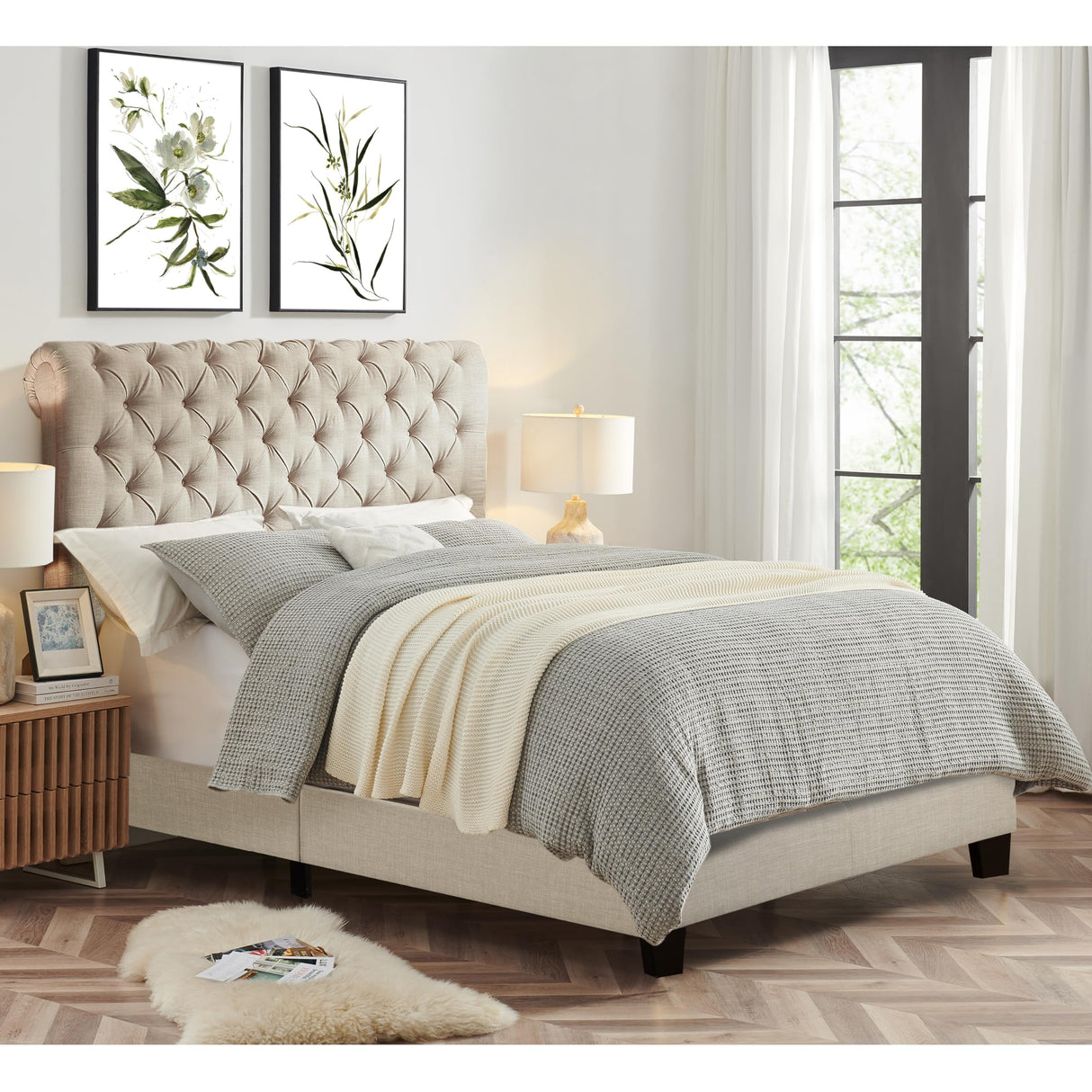 Rosevera Gideon Bed Frame/Fabric Upholstered Bed Frame with Adjustable Headboard/Chesterfield-Styled/Wood Slat Support/Easy Assembly,Queen,Beige Rosevera