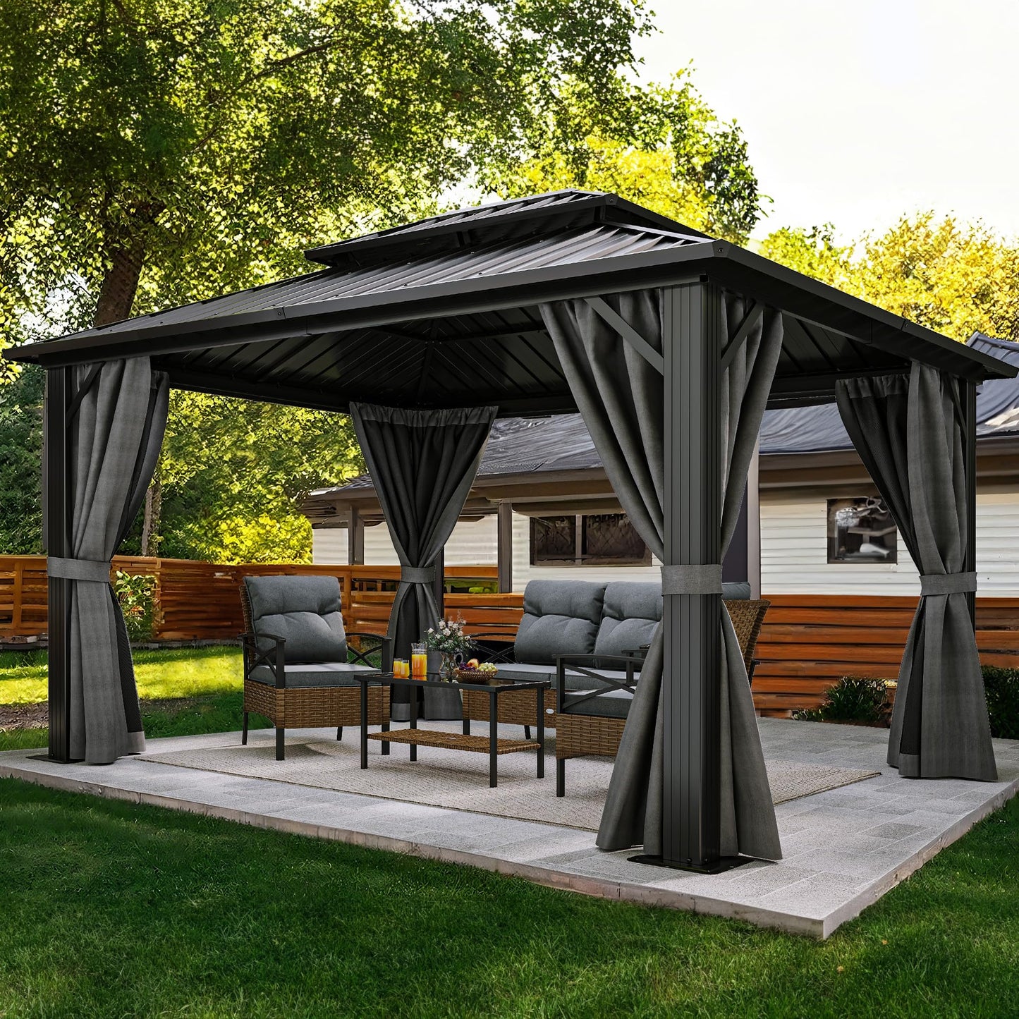 YITAHOME 10x12ft Gazebo Hardtop with Nettings and Curtains, Heavy Duty Double Roof Galvanized Steel Outdoor Combined of Vertical Stripes Roof for Patio, Backyard, Deck, Lawns, Gray - WoodArtSupply