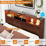 Ufurpie Queen Size Bed Frame with 5-Tier Bookcase Headboard & Storage Footboard, USB Charging Station & LED Lights, Sturdy 1200 lbs Steel Support, No Box Spring Needed,Brown Ufurpie