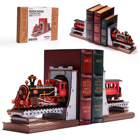 Rolife 3D Puzzles for Adults DIY Book Nook Kit Wooden VintageTrain Decorative Bookends 6.5" Model Building Kit Crafts for Adults Gifts for Boys Girls Rolife