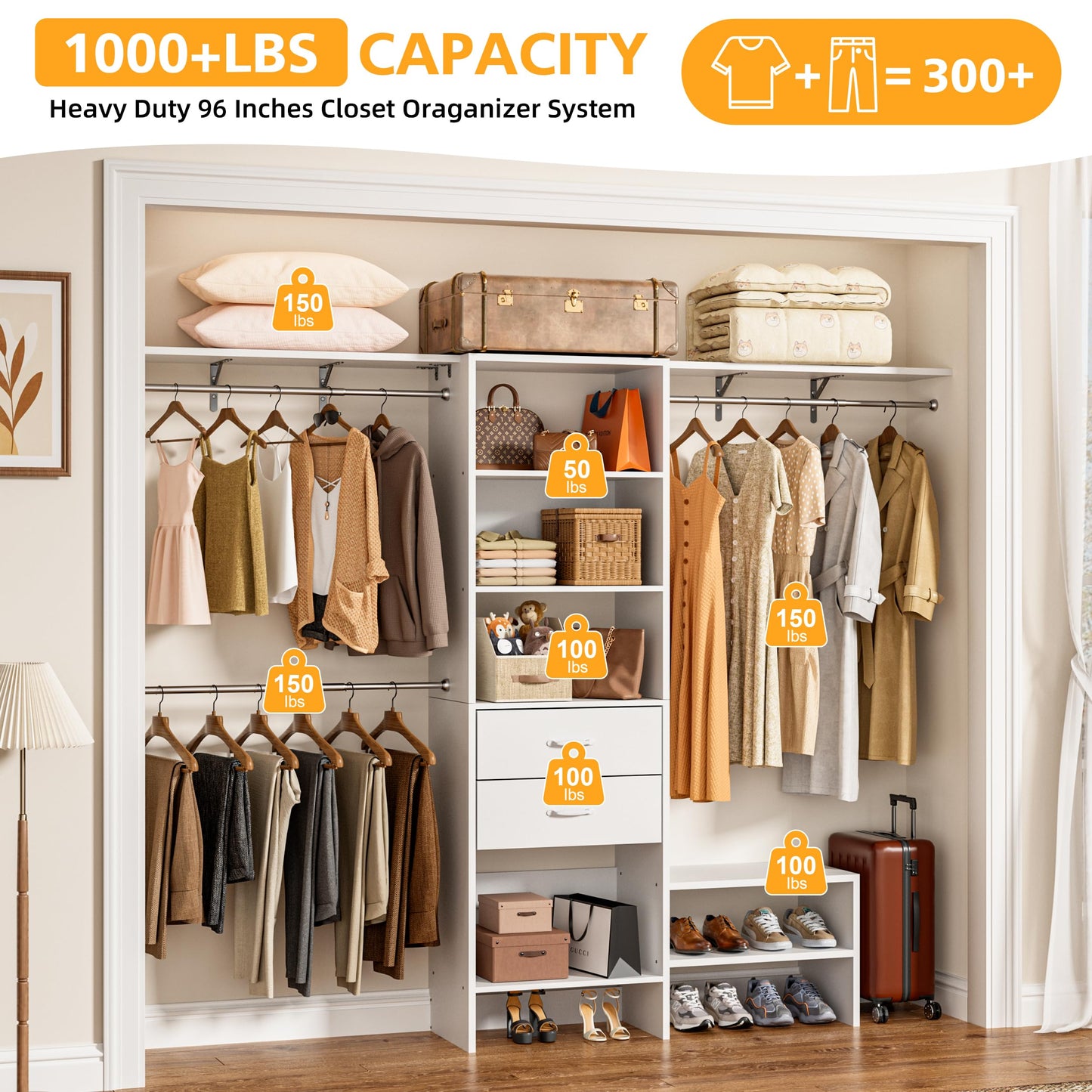 MJOMKN 8FT Closet System with Drawers, Walk-In Closet Organizer with 3 Adjustable Hanging Rods, Wood Closet Storage, Heavy Duty Clothes Rack, 96" L x 16" W x 75" H, Adjustable Wardrobe Rack,  - WoodArtSupply