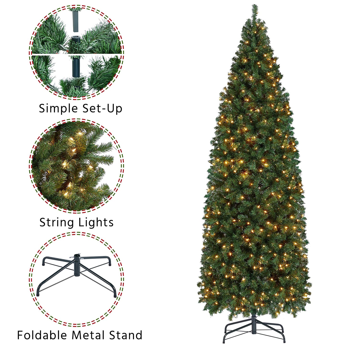 Yaheetech 9ft Pre-lit Artificial Christmas Tree with 500 Warm Lights Hinged Spruce Pencil with Foldable Stand Holiday Decoration Slim Tree, Green