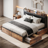 LIKIMIO King Bed Frame with 4 Storage Drawers, Platform Bed with Charged Headboard, Sturdy and Stable, No Noise, No Box Spring Needed, Easy to Install, Vintage Brown and Black LIKIMIO
