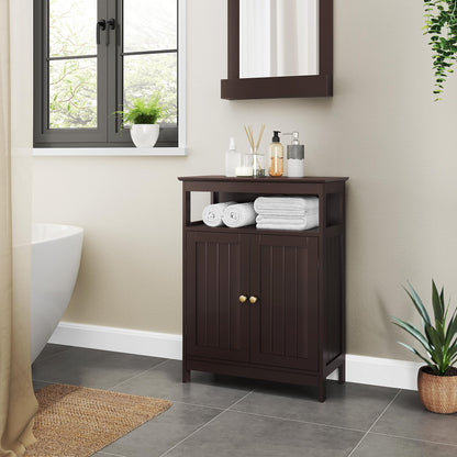 Yaheetech Espresso Bathroom Floor Storage Cabinet with Adjustable Shelf and 2 Doors - WoodArtSupply