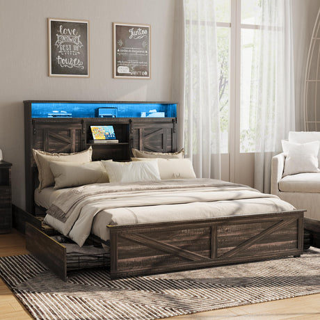 Fameill Farmhouse Full Size Bed Frame with 4 Drawers, Bookcase Headboard, LED Lights, Charging Station & Sliding Barn Door Shelves in Dark Rustic Oak Fameill