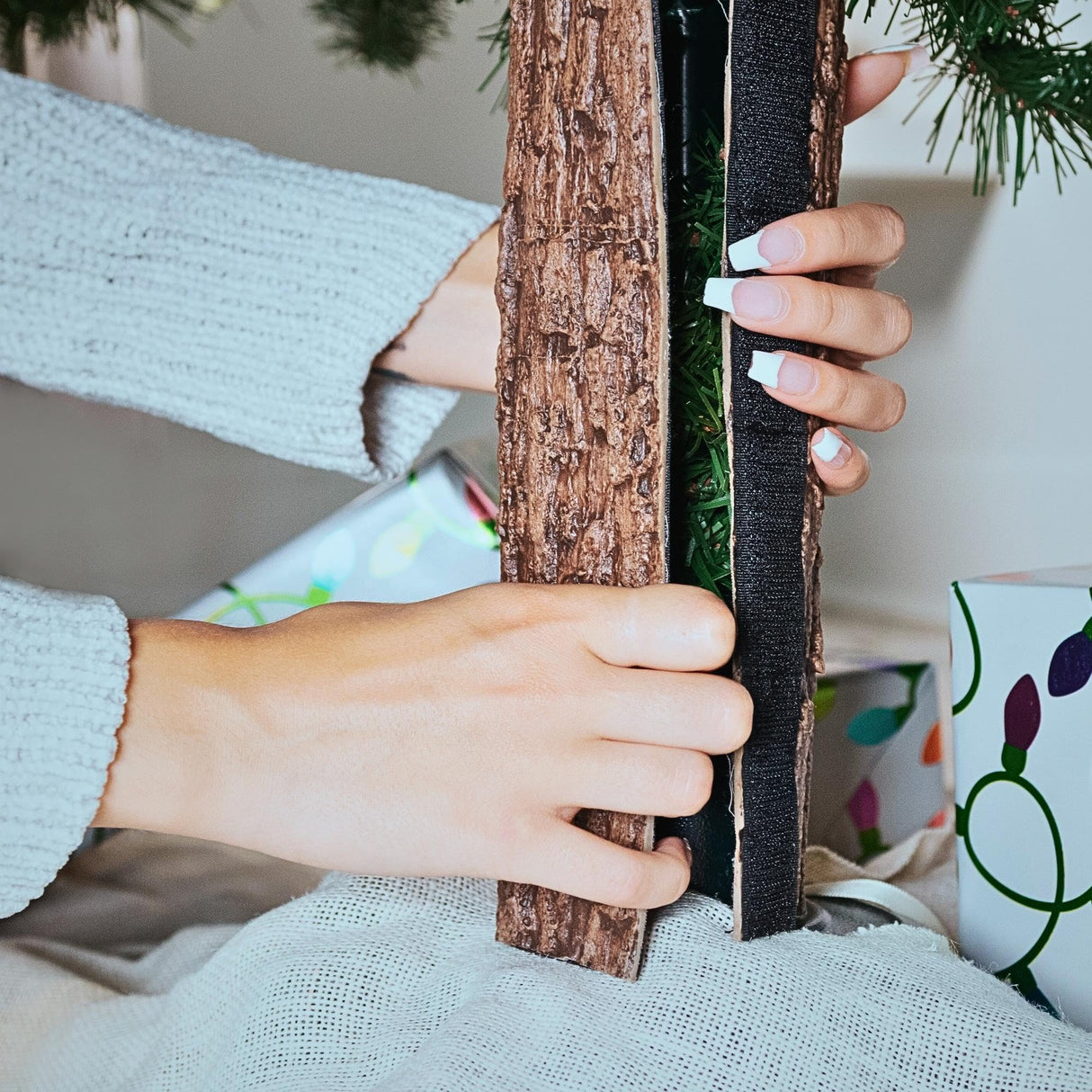 Realistic Faux Brown Bark Xmas Tree Skirt Hides Fake Pole, By Christmas Tree Hugger The Christmas Tree Hugger