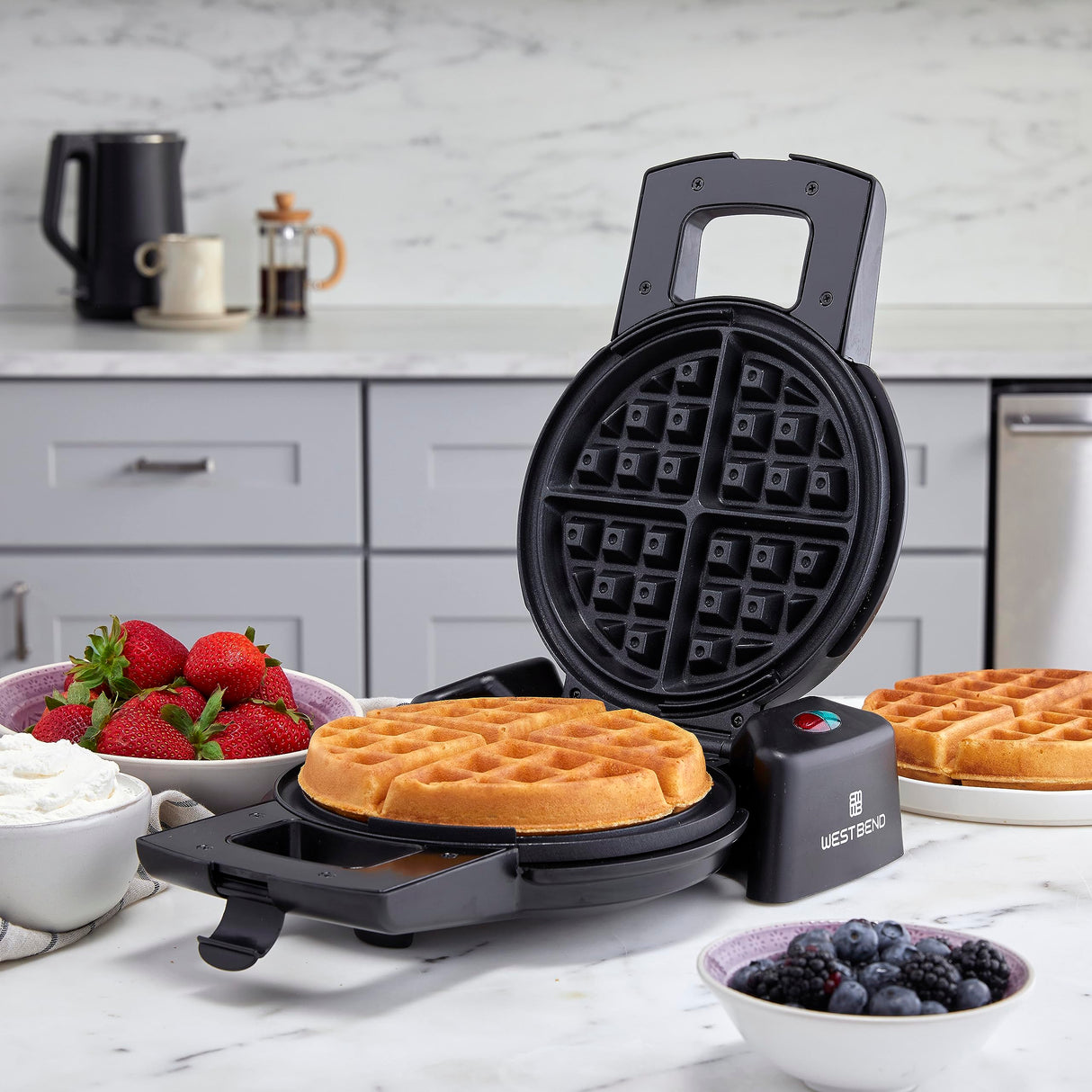 West Bend Belgian Waffle Maker, Makes 7-Inch Waffles, 180-Degree Flip with PTFE-Free Non-Stick Plates, Vertical Storage and Non-Skid Rubber Feet, 1000-Watts, Black West Bend