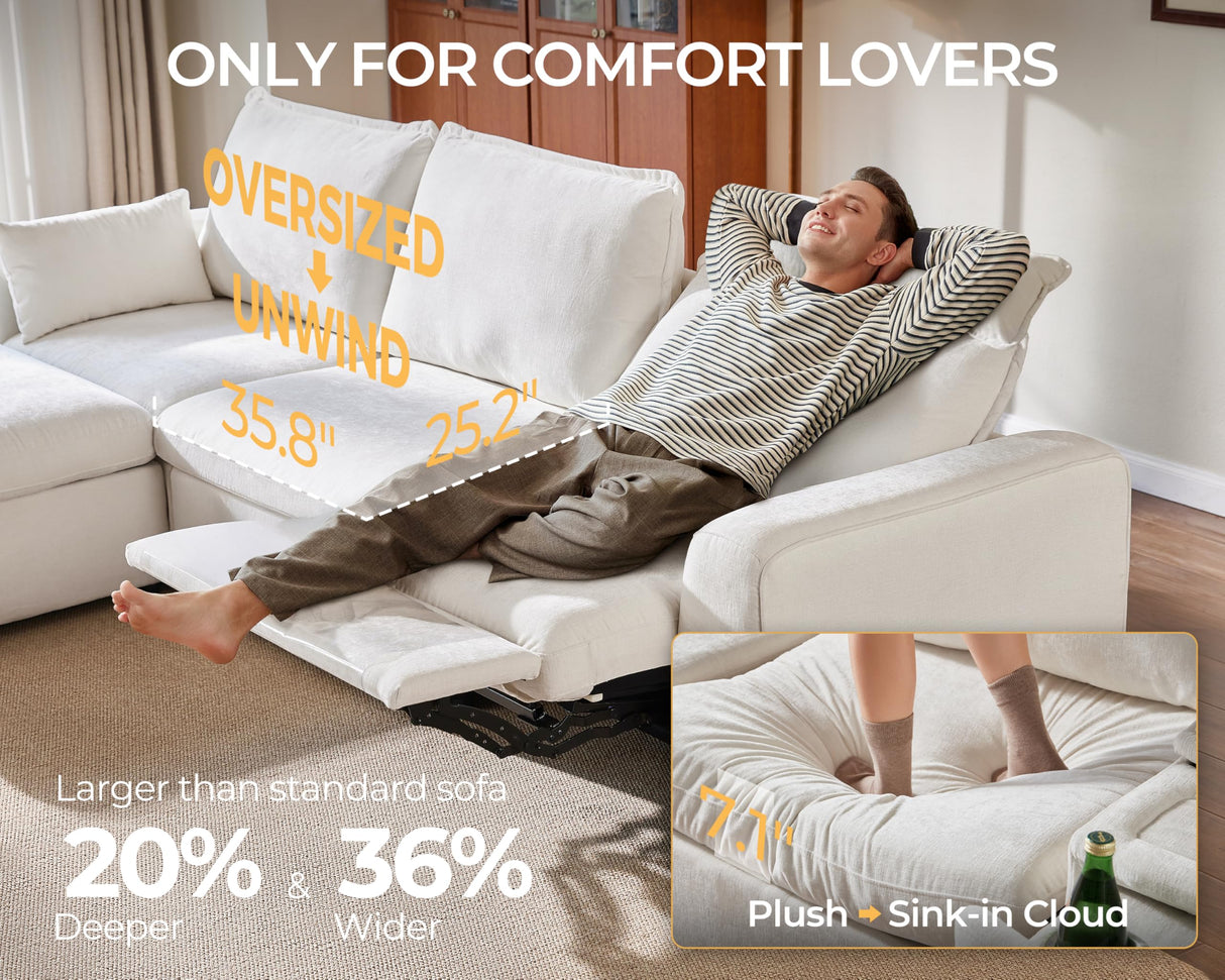 Bedeep 124.8'' Oversized Power Recliner Sofa with Headrest, Extra Wide Deep Modular Cloud Sectional Reclining Couch Wall Hugger, Convertible 3-Seater for RV Home Theater Living Room, Chenille, White Bedeep