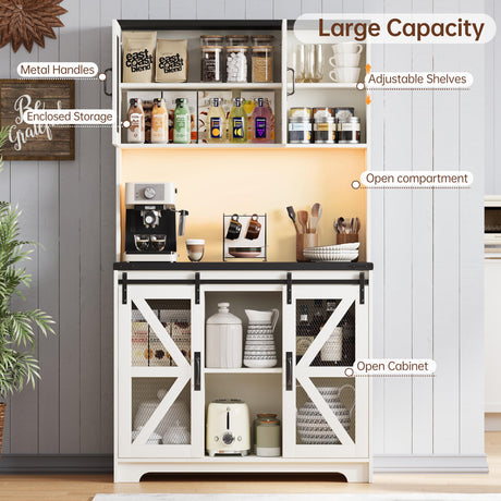 71" Tall Farmhouse Kitchen Pantry Storage Cabinet, Kitchen Storage Cabinets with LED Lights and Charging Station, Pantry Cabinet with Adjustable Shelves and Sliding Doors, Cupboard for Kitchen, White PPorfamilia