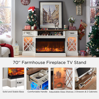 OKD 3-Sided Farmhouse Electric Fireplace TV Stand for TVs up to 80'', Highboy Entertainment Center with Glass Door Storage Cabinet, 70'' Large TV Stands with 36'' , Antique White