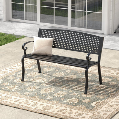 ARKOST Outdoor Bench, 50.4" Patio Metal Frame Garden Bench with Backrest and Curved Armrests for Lawn Backyard, Black