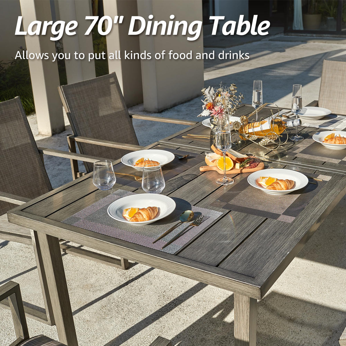 NATURAL EXPRESSIONS 7 Pieces Patio Dining Set Outdoor Furniture,70’’ Dining Table and 6 Sling Chairs with 1.65'' Umbrella Hole for Backyard Garden Poolside Porch NATURAL EXPRESSIONS