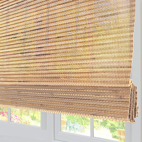 Blackout Cordless Bamboo Roman Shades, Light Filtering Wood Blinds with 6" High Valance, Indoor Roman Window Shades with Room Darkening Liner for French Doors, Windows, Color 25 ZY Blinds