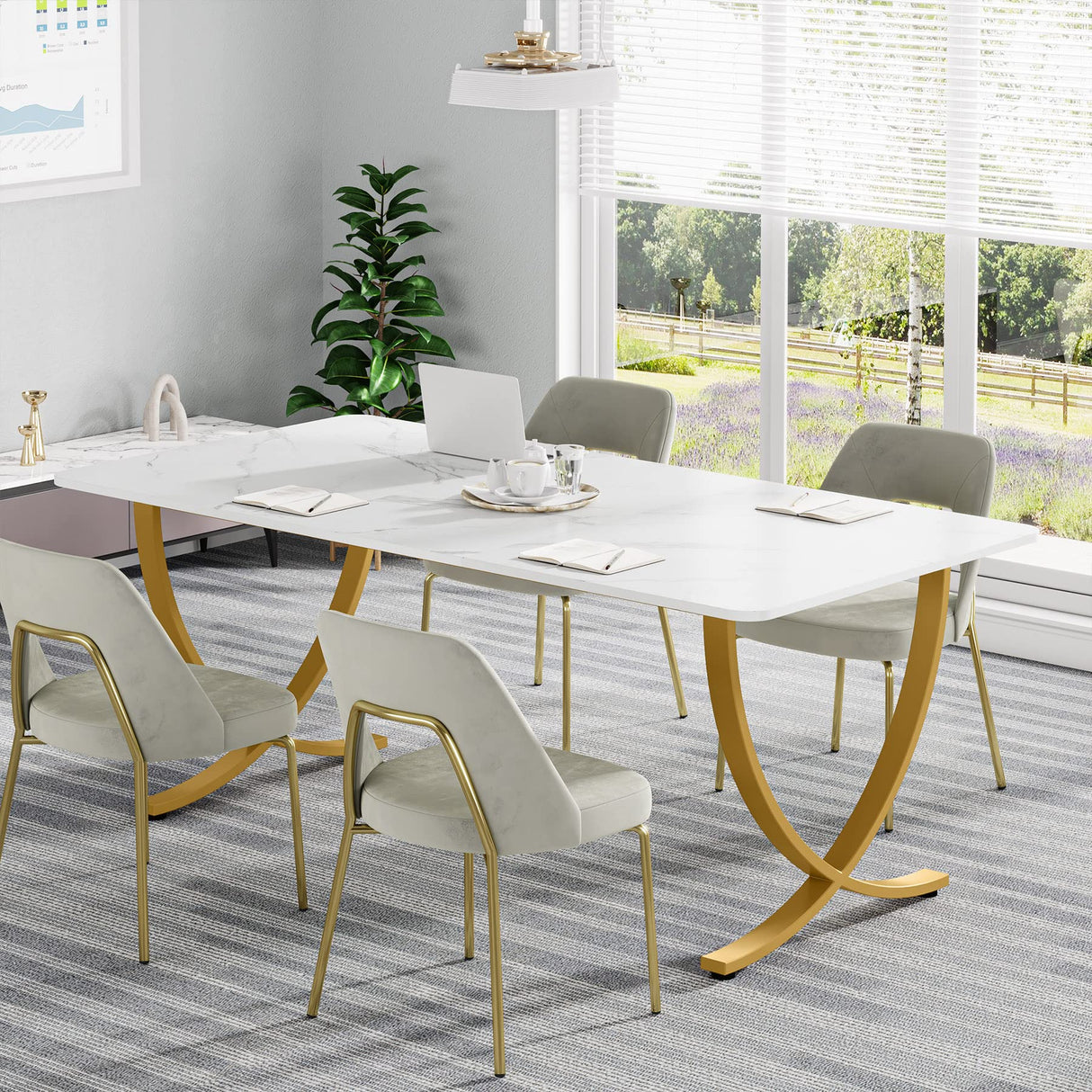 Tribesigns Executive Desk, 63” W x 31.5” D Large Office Desk, Modern Computer Desk Conference Table Meeting Room Table, Business Furniture for Home Office, White and Gold Tribesigns