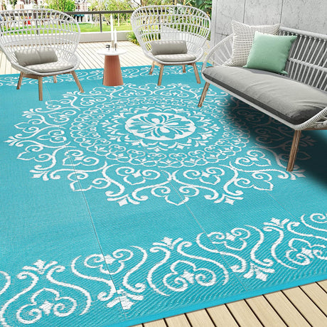 Pauwer Waterproof Outdoor Rug 9x12, Reversible Plastic Straw Patio Camping Rug, Indoor Outdoor RV Mat Carpet for Deck, Camper, Porch, Balcony, Backyard, Picnic, Floral Teal Pauwer