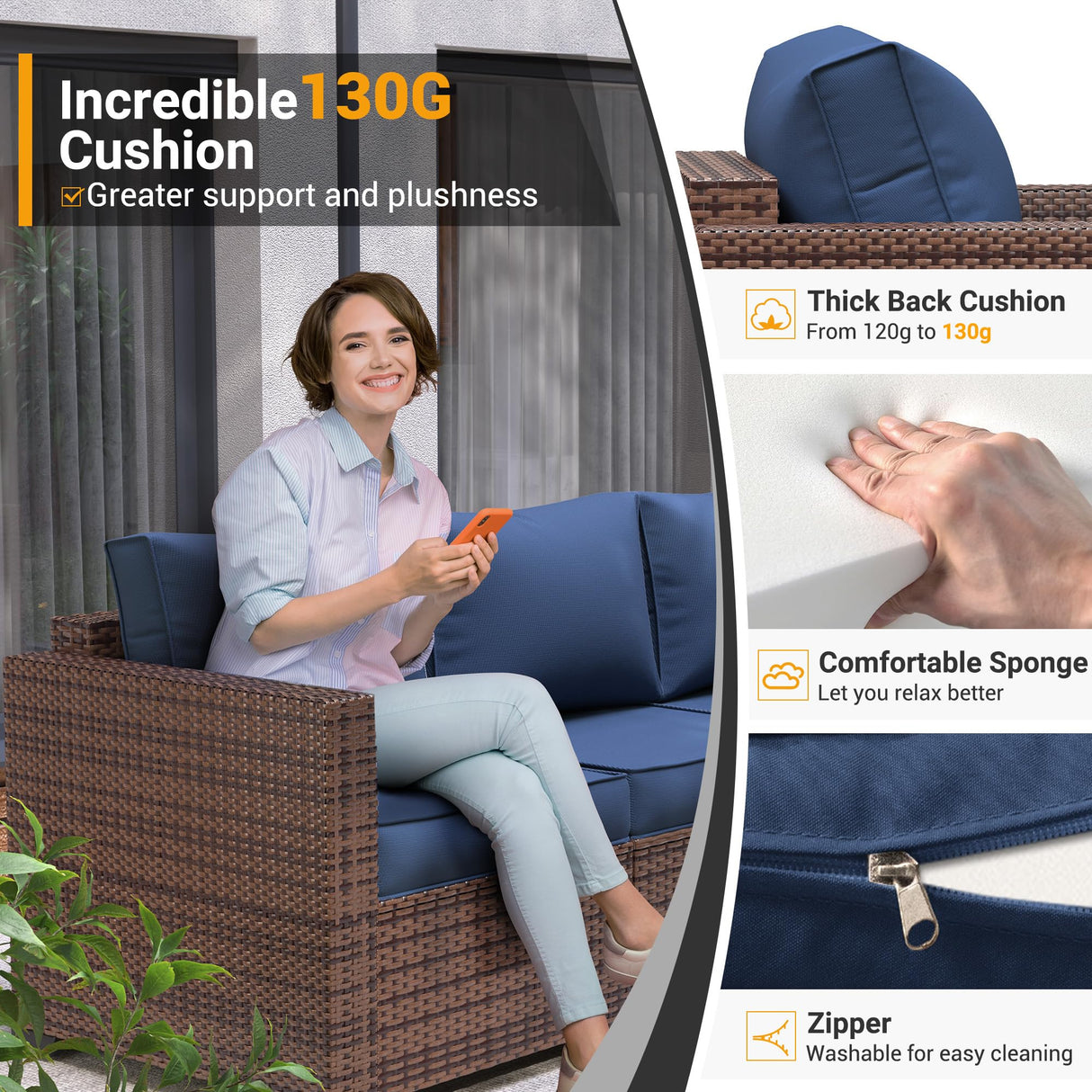 UDPATIO Patio Wicker Single Sofa, Outdoor Rattan Sectional Couch Furniture All Weather Armchair Additional Chair for Furniture Set w/Non-Slip Cushion Deep Seating High Back UDPATIO