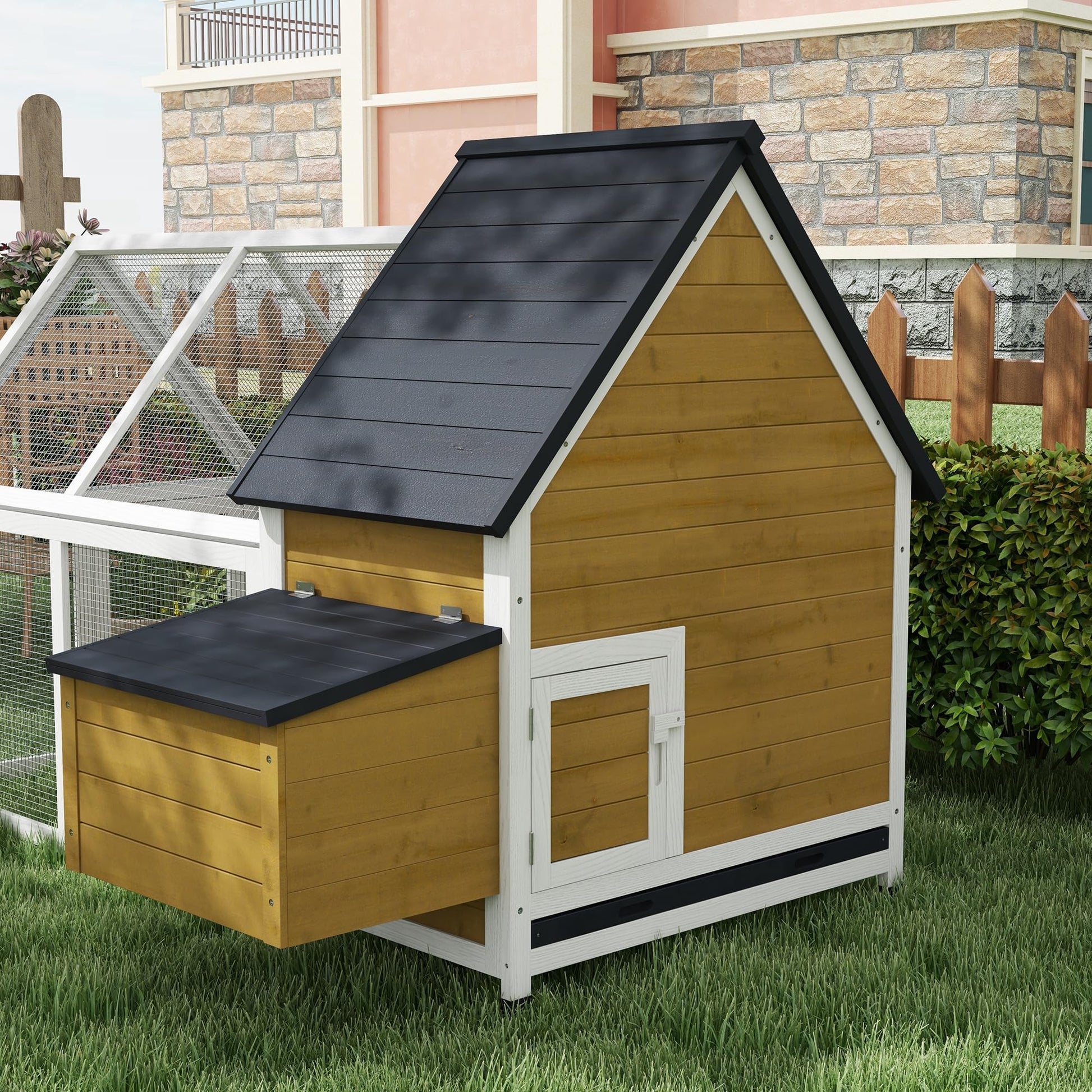 PawHut 65" Chicken Coop Wooden with Detachable Run, Outdoor Chicken House Poultry Cage Hen with Nesting Box, Removable Tray, Roosting Bars, Ramp, for Garden Backyard, Yellow - WoodArtSupply