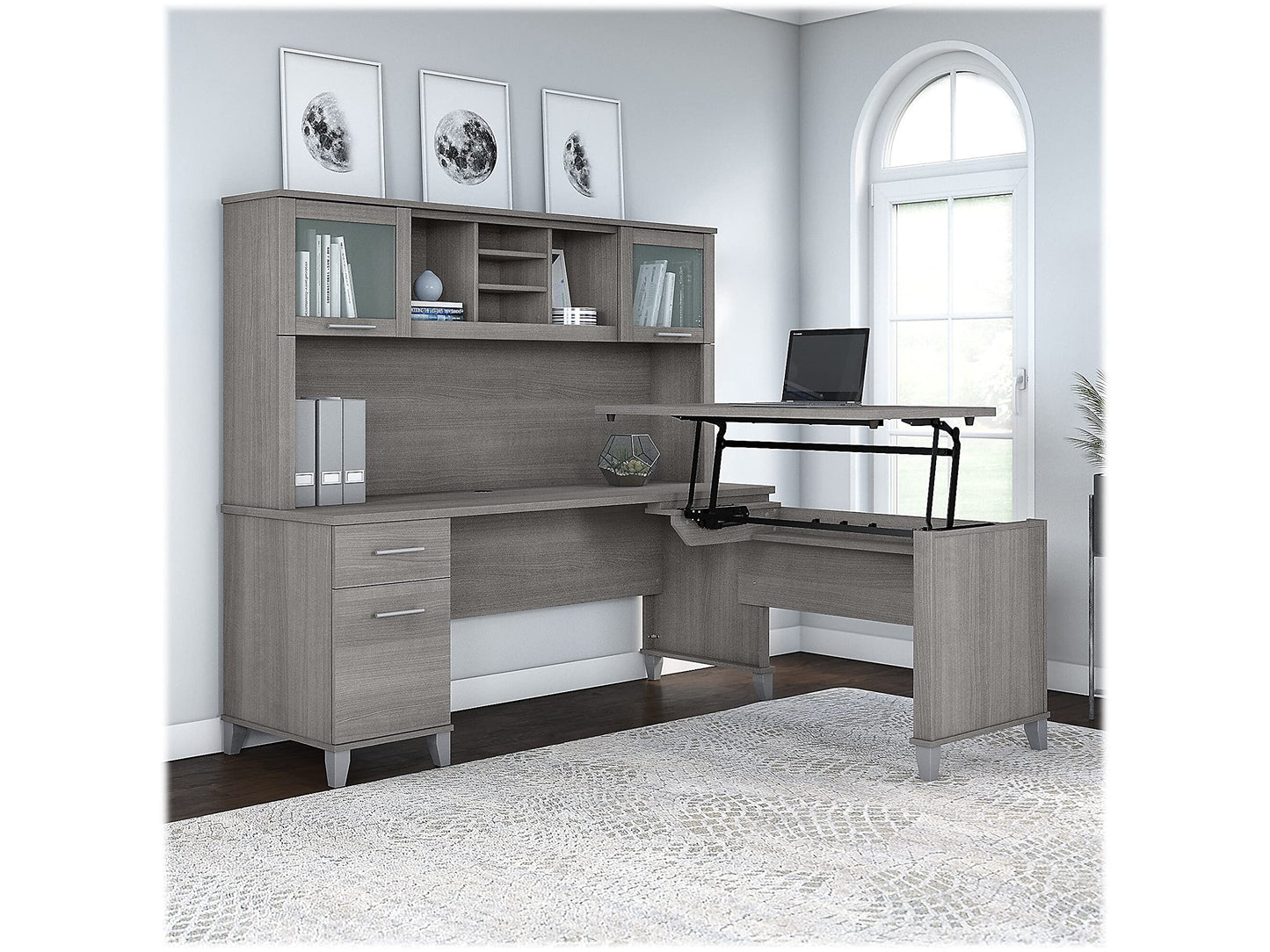 Bush Furniture Somerset 72W 3 Position Sit to Stand L Shaped Desk with Hutch in Platinum Gray - WoodArtSupply