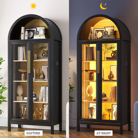 Dystler Arched Kitchen Pantry Cabinet with Glass Doors, Display Curio Case with 3 Color LED Lights for Collectibles, Modern 5-Tier Storage Hutch Cabinet for Kitchen, Dining Room, Black Dystler