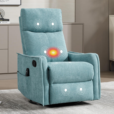 Massage Rocker Swivel Recliner Chair for Adults, Manual Recliner Glider with Lumbar Heating, Technical Flannel Fabric Nursery Glider Rocking Chair with Vibration Massage for Living Room - Green Blue EZZUP