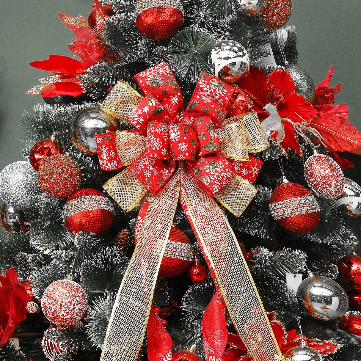 Christmas Tree Topper Bow, 44X12 Inch Artificial Xmas Tree Flower Topper Decor, for Family, Wedding, Birthday Party, Indoor Outdoor Thanksgiving Christmas Decoration - Red/Gold/Snowflake. RoseCraft