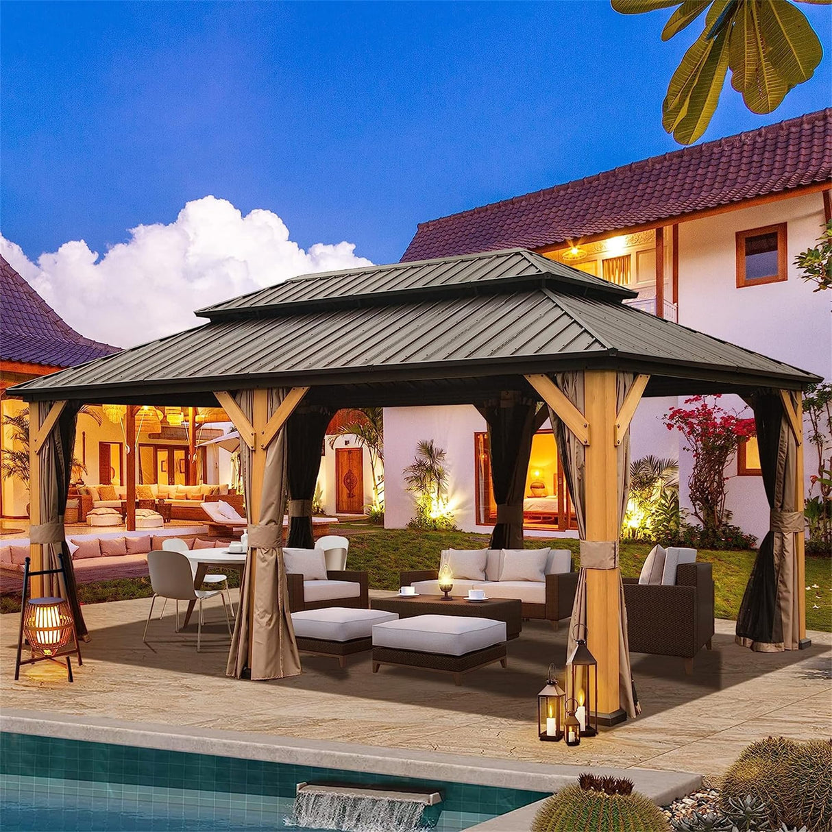 12'x20' Hardtop Gazebo, Outdoor Cedar Wood Frame Canopy with Galvanized Steel Double Roof, Outdoor Permanent Metal Pavilion with Curtains and Netting EDWINENE