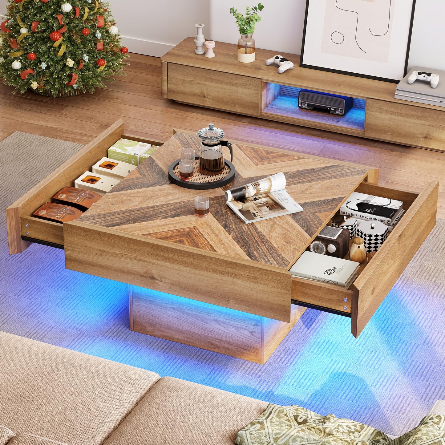 YITAHOME Farmhouse Coffee Tables Square Coffee Table for Living Room Wood LED Coffee Table with Storage Modern Living Room Tables with 2 Drawers,Brown - WoodArtSupply