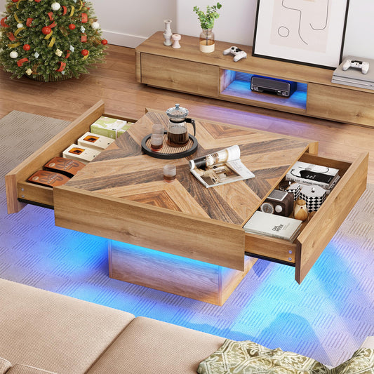 YITAHOME Farmhouse Coffee Tables Square Coffee Table for Living Room Wood LED Coffee Table with Storage Modern Living Room Tables with 2 Drawers,Brown