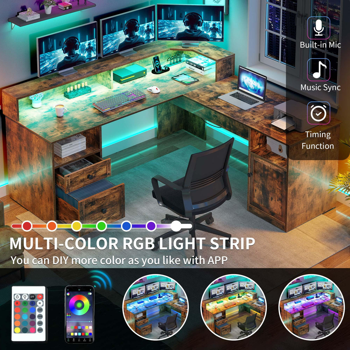 YITAHOME L Shaped Desk with Power Outlets & LED Lights, 60” Corner Computer Desk with Drawers & Lift Top, Home Office Desk with Monitor Stand & File Cabinet, Wood Height Adjustable Desk, Rustic Brown YITAHOME