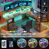 YITAHOME L Shaped Desk with Power Outlets & LED Lights, 60” Corner Computer Desk with Drawers & Lift Top, Home Office Desk with Monitor Stand & File Cabinet, Wood Height Adjustable Desk, Rustic Brown YITAHOME