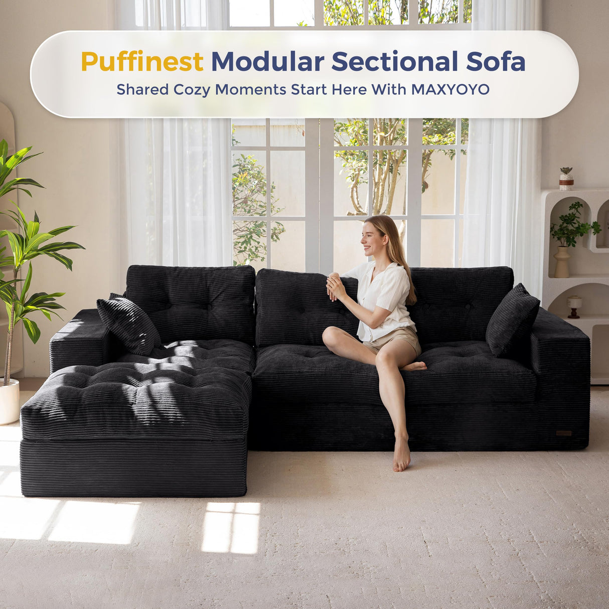 MAXYOYO L-Shaped Sectional Sofa with Convertible Left/Right Ottoman, Cloud Boneless Modular Couch, Layered Cushion & Tufted Upholstered, 4-in-1 Flexible Combination, No Assembly, Black MAXYOYO