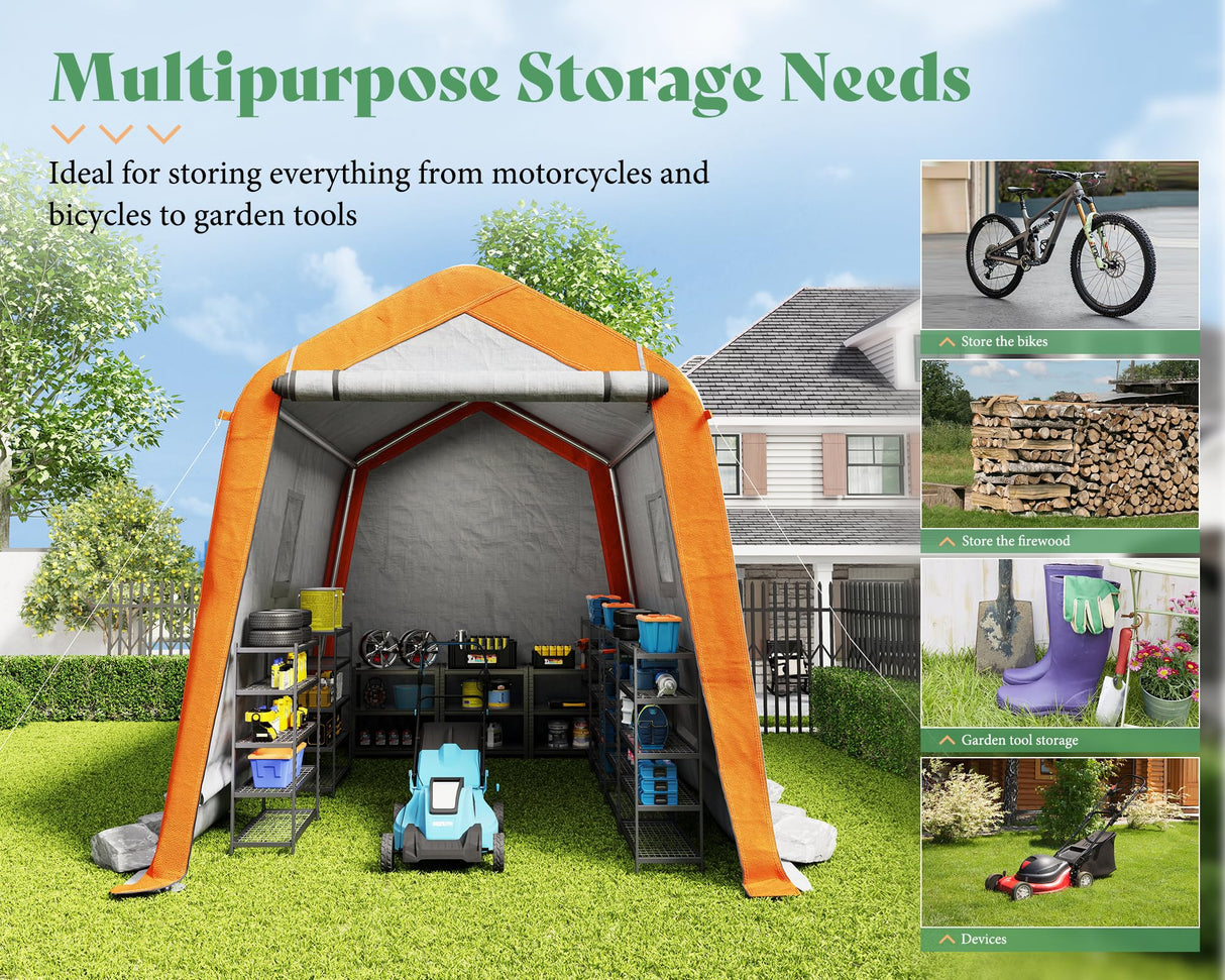 AMERLIFE 6x8x6.6 FT Heavy Duty Portable Shed Storage Shelter, Outdoor Storage Shed with 2 Waterproof Windows & Roll-up Zipper Door, Carport for Motorcycle, Bike, Grey AMERLIFE