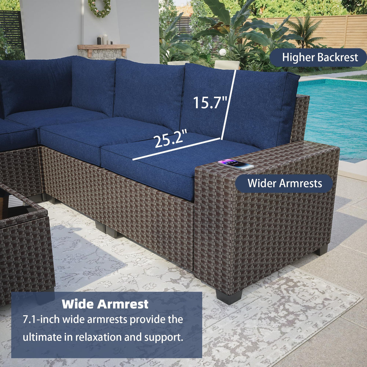 GAOMON 6 Pieces Outdoor Patio Furniture Set, Wicker Patio Conversation Set Sectional Sofa, Brown Patio Sofa with 5 Navy Blue Seat Cushions and 1 Glass Coffee Table GAOMON