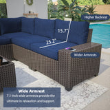 GAOMON 6 Pieces Outdoor Patio Furniture Set, Wicker Patio Conversation Set Sectional Sofa, Brown Patio Sofa with 5 Navy Blue Seat Cushions and 1 Glass Coffee Table GAOMON