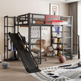 Polibi Full Size Metal Loft Bed with Built-in Desk,Open Wardrobe,Basketball Hoop,Slide and Staircase,Space-Saving Design for Small Rooms(Black) Polibi