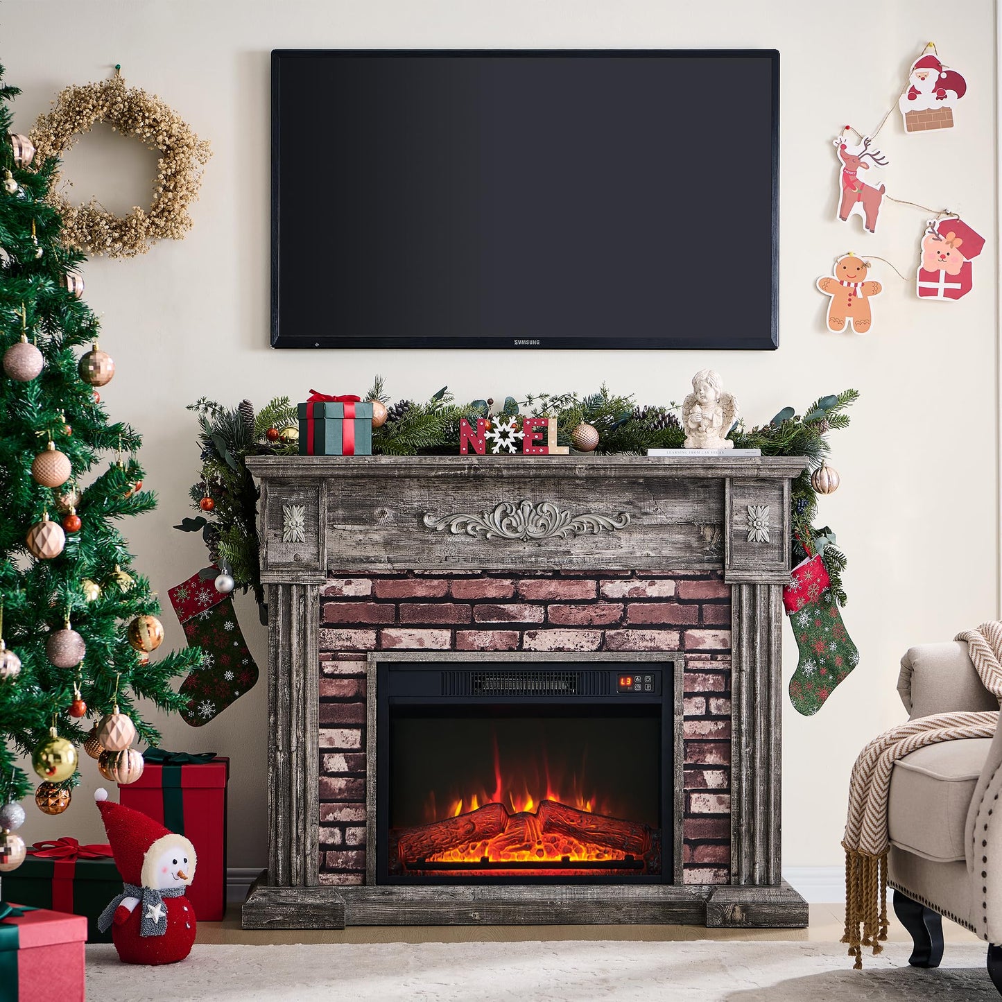 43" Electric Fireplace with Mantel, Electric Fireplace Heater, TV Stand w/Freestanding Electric Fireplace, Stacked Stone Surround, Remote Control, Adjustable Flame Level for Living Room-Light Grey