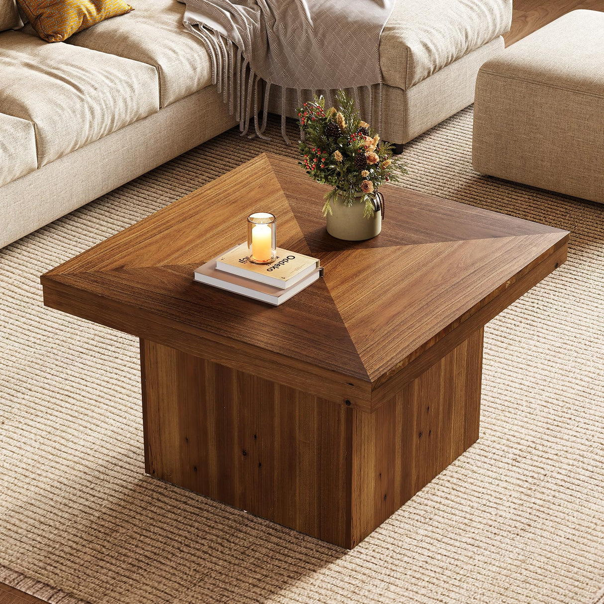 TRIBEWOOD Wood Coffee Table for Living Room, 35.43" Mid Century Modern Square Center Cocktail Table, Farmhouse Accent Tea Cocktail Furniture for Small Space, Office, Rustic Brown TRIBEWOOD