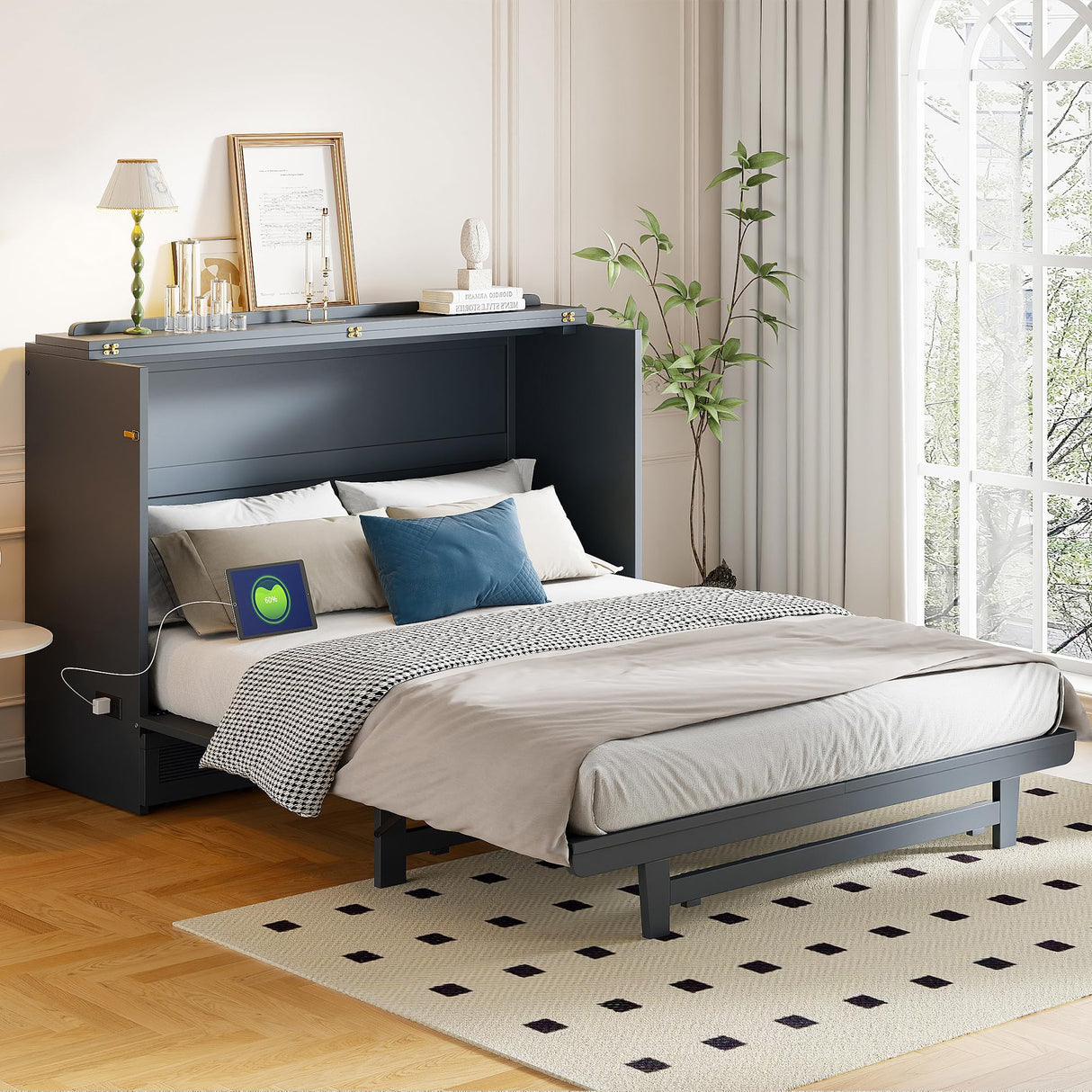 Tdewlye Queen Size Murphy Bed Wall Bed with Built-in USB Charging Ports & Drawer,Mobile Cabinet Murphy Chest Bed Wooden Space-Saving Folding Murphy Bed for Bedroom Guest Room (Gray-@LI) Tdewlye