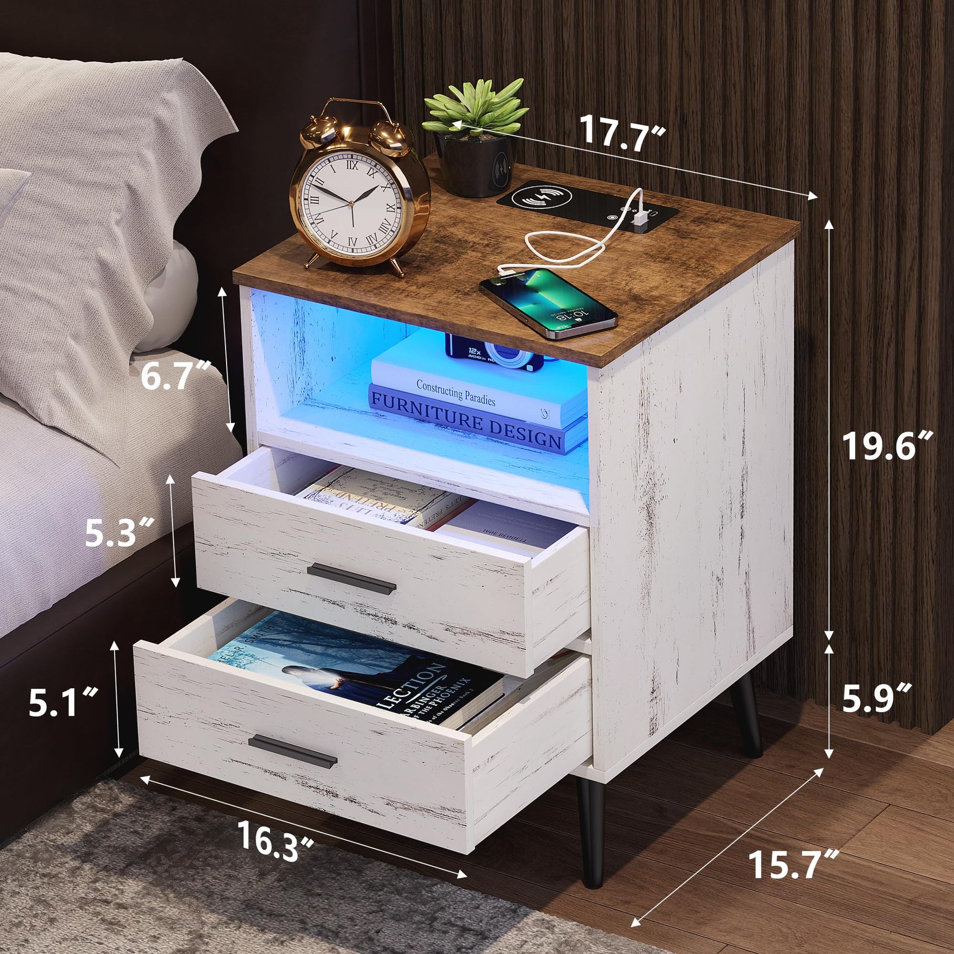 LVSOMT White Nightstand with Charging Station and LED Lights, Modern Bedside Table Smart Night Stand, End Side Table with 2 Drawers, Open Storage Shelf, USB Port for Bedroom - WoodArtSupply