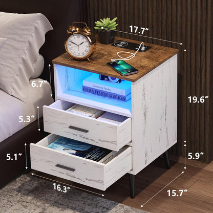 LVSOMT White Nightstand with Charging Station and LED Lights, Modern Bedside Table Smart Night Stand, End Side Table with 2 Drawers, Open Storage Shelf, USB Port for Bedroom - WoodArtSupply