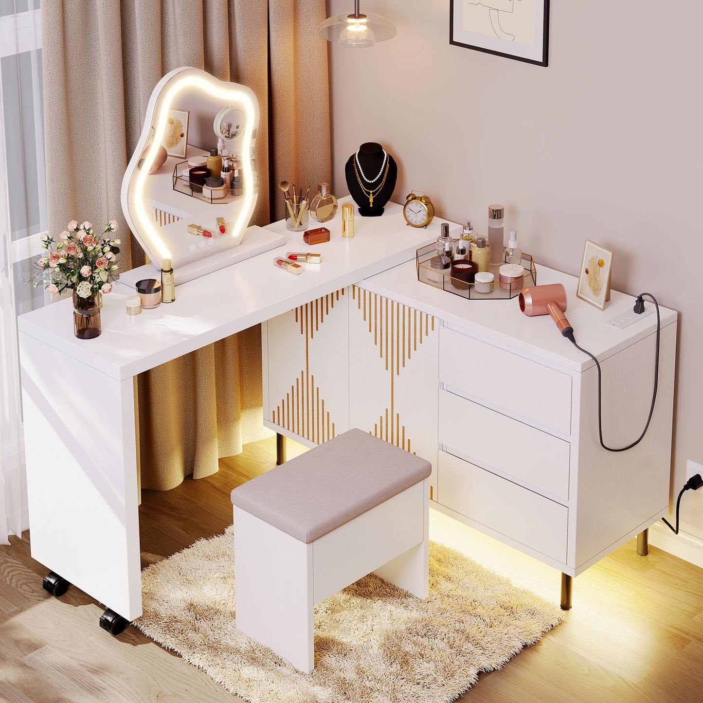 DWVO LED Vanity desk with Mirror and Lights - 360° Rotatable Makeup Vanity with 5 Drawers, Modern Makeup Table with Fluted Panel Doors Adjustable Shelf, Extensible from 47.2" to 91.2", White - WoodArtSupply