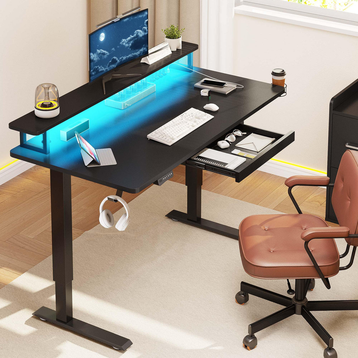 YITAHOME Electric Standing Desk with Drawer, 55" Standing Desk Adjustable Height Sit Stand Up Desk with Power Outlets & LED Lights, Home Office Desk with Memory Preset, Black YITAHOME