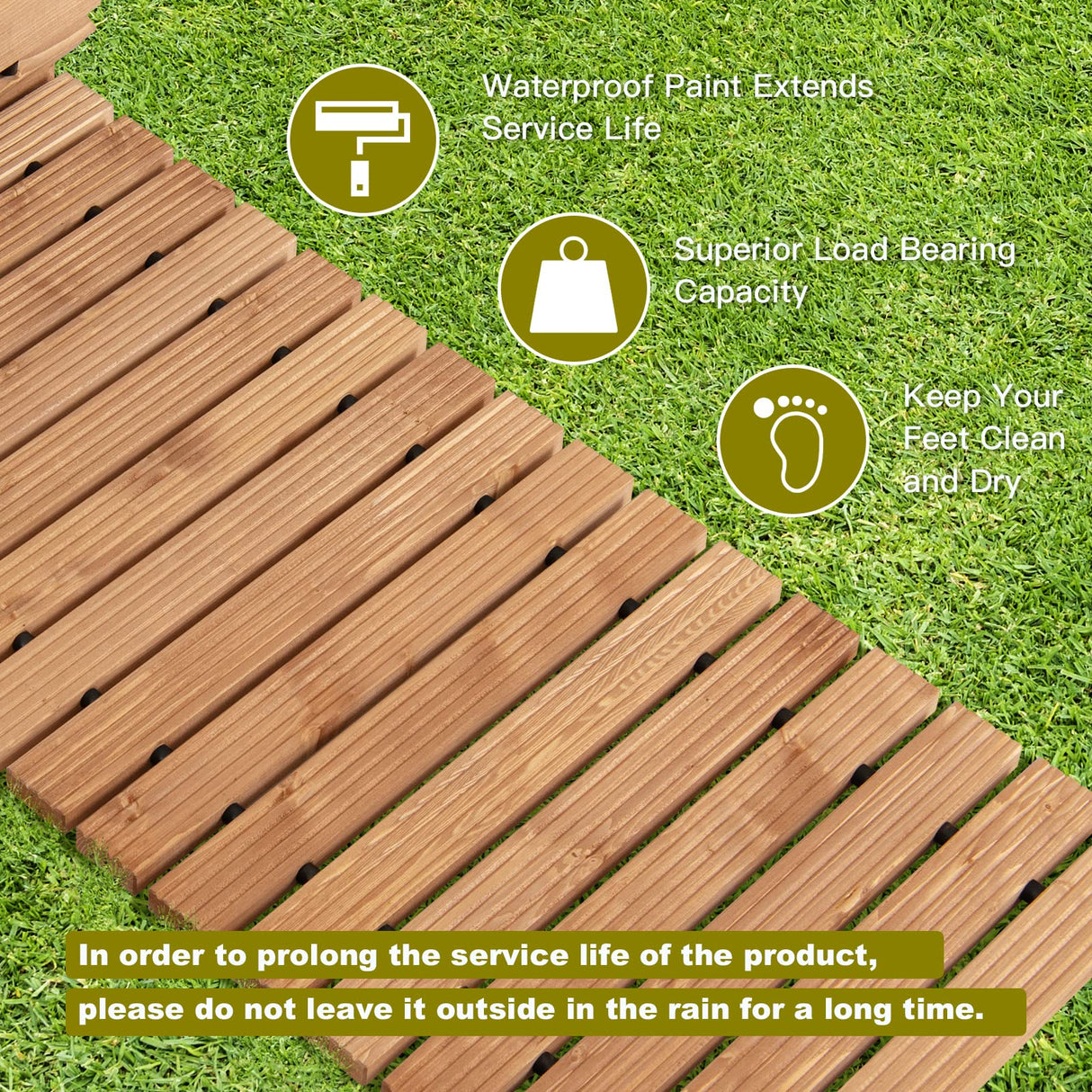 HAPPYGRILL 8 FT Wooden Garden Pathway Weather-Resistant Straight Walkway with Sturdy Steel Wire & Anti-Slip Patterns, Outdoor Roll-up Fir Wood Boardwalk for Patio Beach Garden Backyard HAPPYGRILL