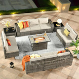 ovios 13 Pieces Patio Furniture Set, Outdoor Sectional Sofa with Rectangular Fire Pit Table, Wide Armrests and Deep Seat, Modern Modular Wicker Rattan Conversation Set, Beige ovios