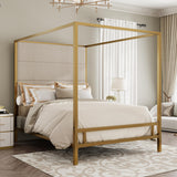 LUMISOL Queen Metal Canopy Bed with Tall Velvet Fabric Upholstered Headboard, 4-Poster Bed Canopy Bed Frame, Queen Canopy Platform Bed Metal, Box Spring Needed, Gold LUMISOL
