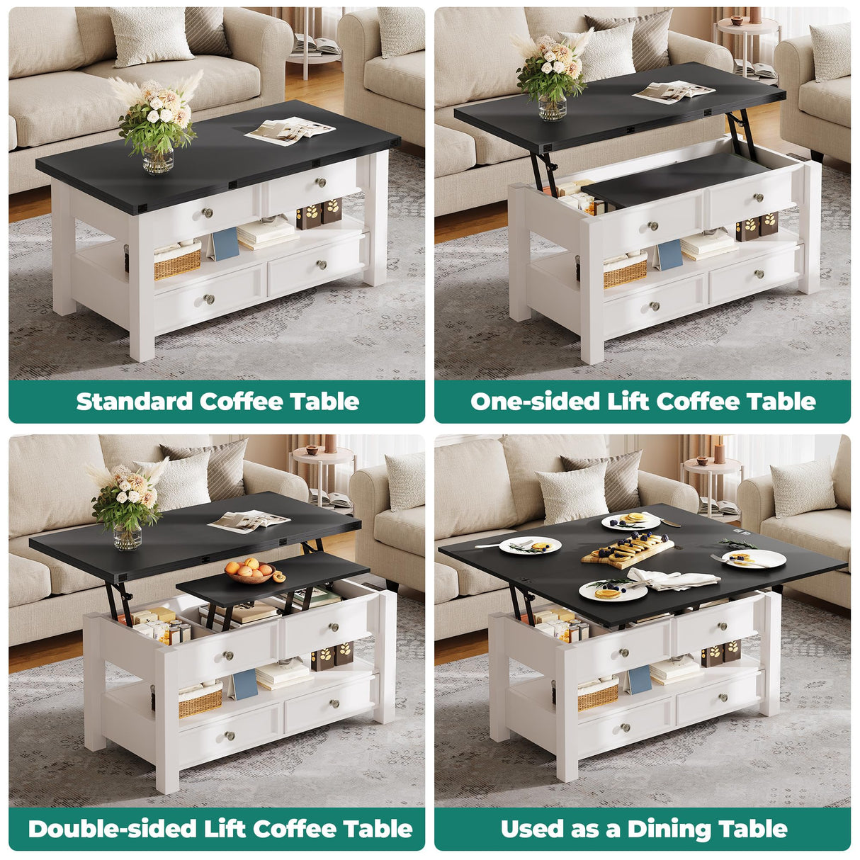 YITAHOME Coffee Table Lift Top, 4 in 1 Multi-Function Convertible Coffee Table with Drawers and Hidden Compartment, Converts to Dining Table for Living Room Home Office, Black Top YITAHOME