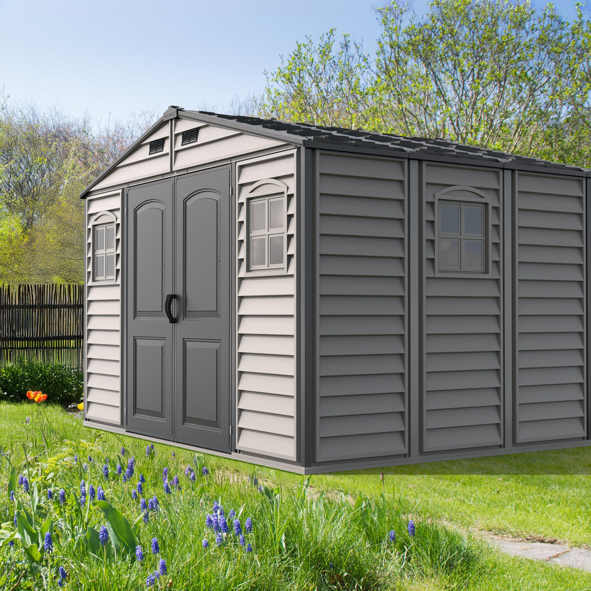 Duramax Woodside Plus 10 x 8 (8.02 m2) Plastic Garden Shed with 3 Fixed Windows & Metal Foundation Kit, Strong Metal Roof Structure Fire Retardant and Maintenance-Free Storage Shed - Dark Grey/Adobe DURAMAX