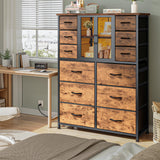 EnHomee Tall Dresser for Bedroom with 12 Drawer Dressers & Chests of Drawers for Closet with Power Outlets & LED Lights Large Dresser Organizer for Bedroom with Mesh Door, Rustic Brown EnHomee