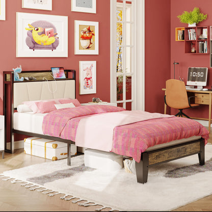 LIKIMIO Twin XL Bed Frame with Storage Headboard and Charging Station - Stylish Walnut and Beige Design - WoodArtSupply